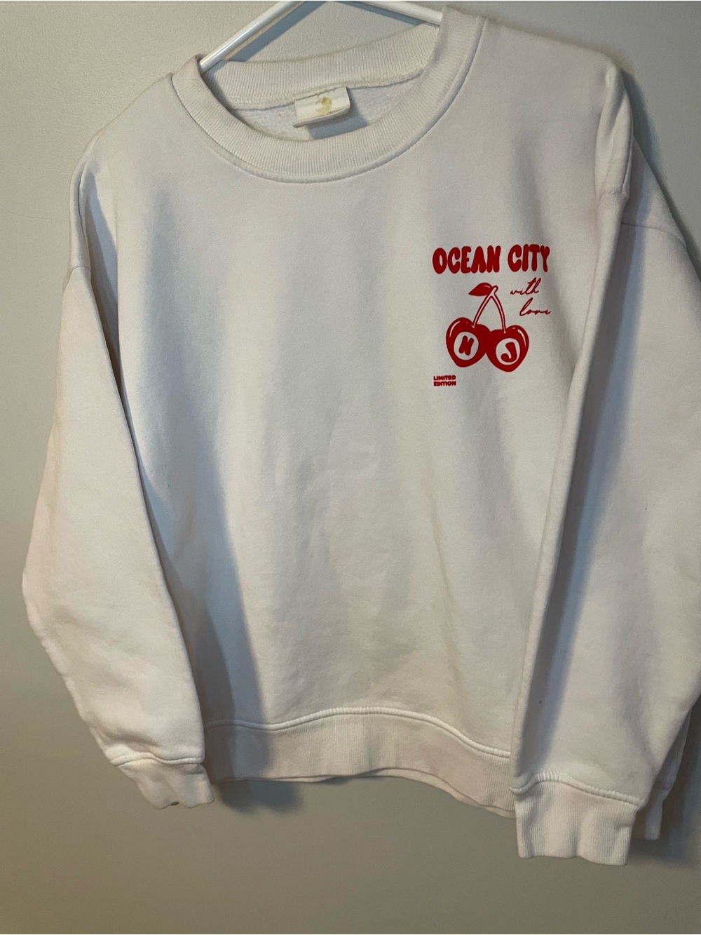 Ocean Drive White Crewneck Sweatshirt with Red Cherry Logo